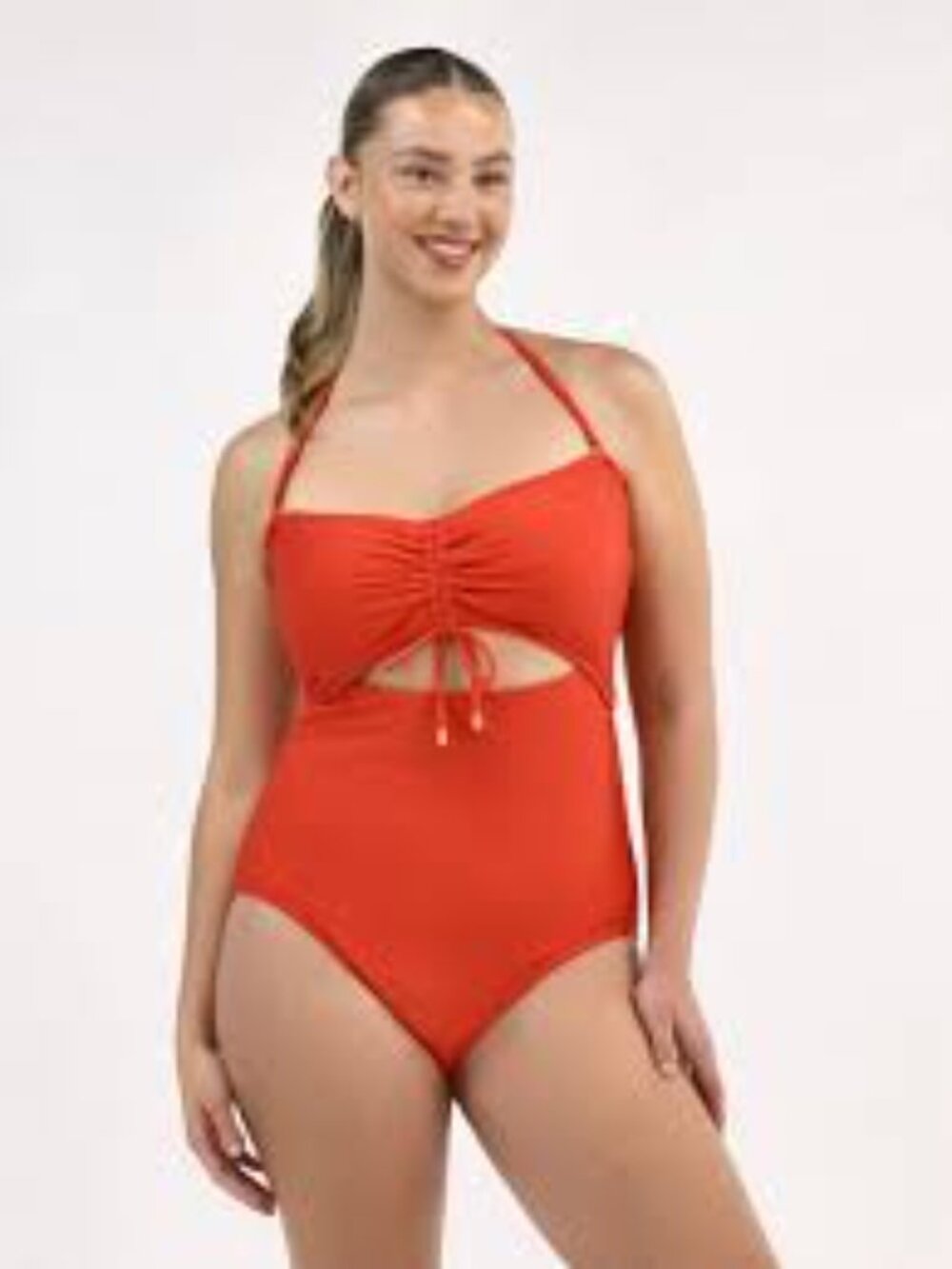Time And Tru  Women's XL One-Piece Swimwear Halter Ruched Ribbed Cutout Design